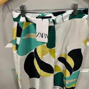 Zara Women’s Big Flare Pants Green/Yellow Floral Sz XS New With Tags